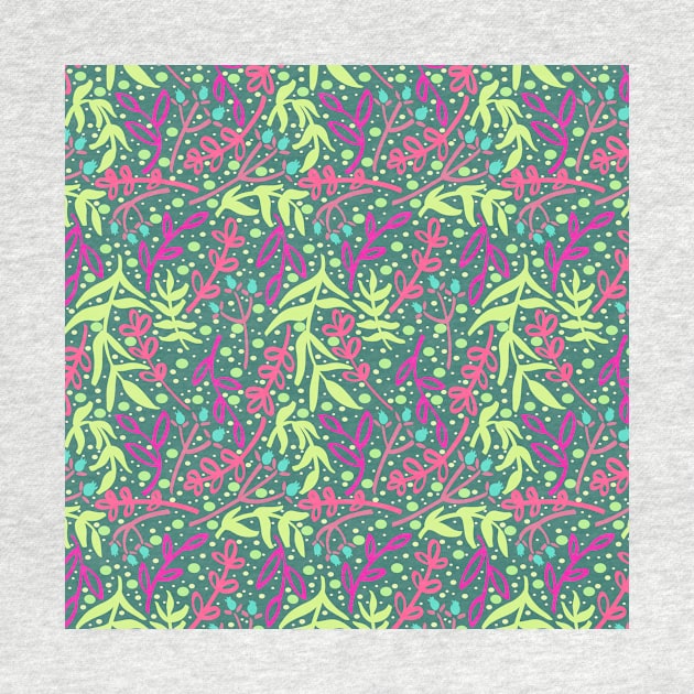 Botanicals and Dots - Hand drawn Design - Green, Pink, Teal Blue by GenAumonier